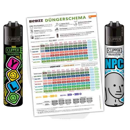 BioBizz Düngerschema – Laminierte Anbauhilfe mit Clipper Feuerzeug
Optimieren Sie Ihre Ernte mit dem originalen BioBizz Düngerschema. Dieses hochwertige, laminierte Düngerschema bietet Ihnen eine klare Übersicht zur idealen Dosierung der beliebten BioBizz-Produkte. Perfekt geeignet für Indoor- und Outdoor-Grower!
