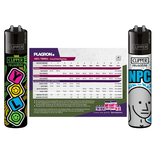 Plagron Düngerschema – Laminierte Anbauhilfe mit Clipper Feuerzeug
Optimieren Sie Ihre Ernte mit dem originalen Plagron Düngerschema. Dieses hochwertige, laminierte Düngerschema bietet Ihnen eine klare Übersicht zur idealen Dosierung der beliebten Plagron-Produkte. Perfekt geeignet für Indoor- und Outdoor-Grower!