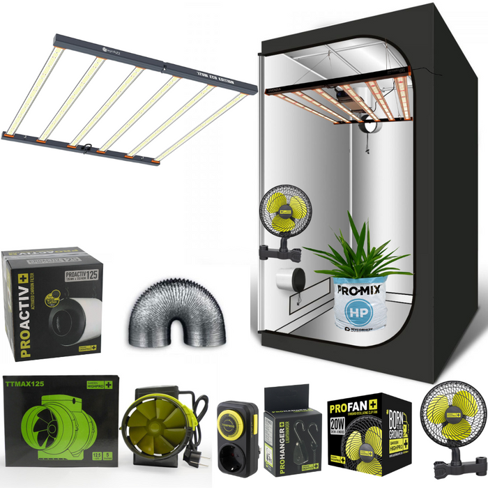 Growbox Komplettset 150x150x200 mit LED-Beleuchtung für Einsteiger. Das Set beinhaltet eine 720 Watt Agrolight LED-Lampe mit Vorschaltgerät und Dimmer, eine Greencube Growbox, einen Ventilator, ein Abluftset von Primaklima, einen Aktivkohlefilter, Schlauchschellen, einen 3 m langen Schlauch und Halterungen. Ideal für kostengünstiges Indoor-Gardening mit langlebigen Materialien und reflektierenden Innenwänden für optimale Lichtverteilung. Perfekt für Anfänger, die mit ihrem eigenen Indoor-Garten starten möch