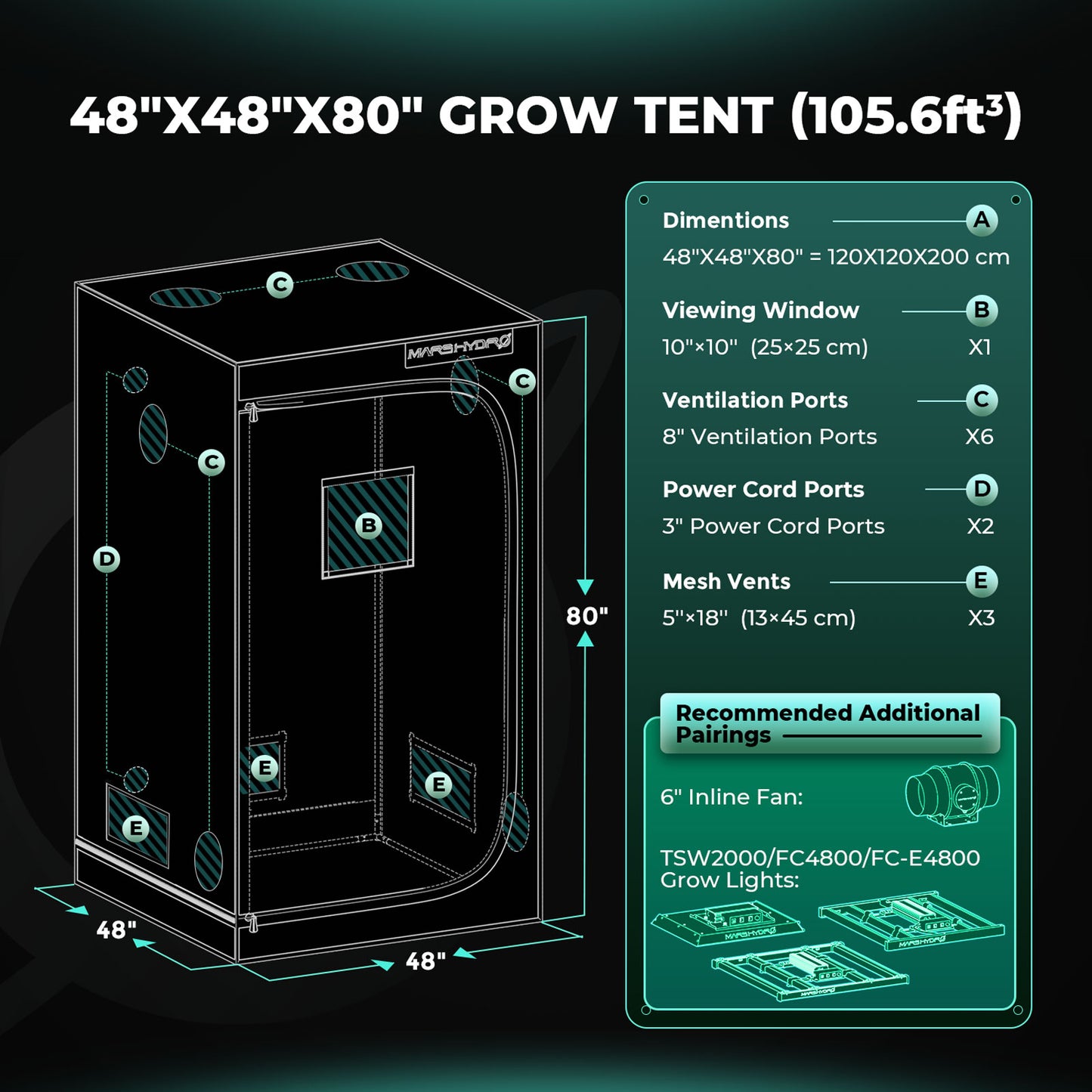 Mars Hydro TSW 2000 LED Grow Light+120x120x200cm Grow Tent Kits+6′′ Lüftungssystem Am besten für 4-6 Pflanzen – Produktansicht 7