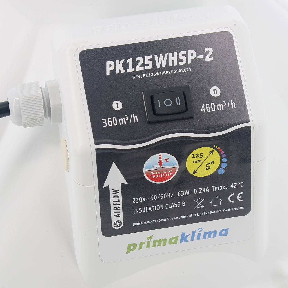 Prima Klima WHSP Schallschutzabsaugung Ø125 mm – 2 Geschwindigkeiten, 360–460 m3/h – Produktansicht 2