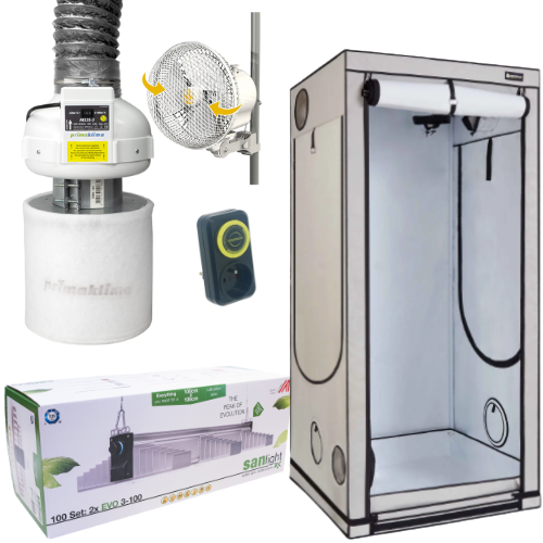 SANlight Premium Growbox Komplettset 100x100x200, bestehend aus HOMEbox Q100 Plus, SANlight EVO 1.5 LED Beleuchtung, Prima Klima Abluftset, Secret Jardin Umluftventilator und Zeitschaltuhr – alles für eine professionelle und erfolgreiche Indoor-Pflanzenzucht.