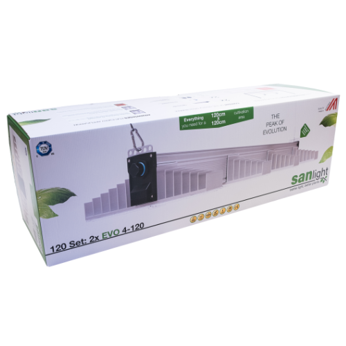 SANlight EVO 1.5 LED Beleuchtungsset bestehend aus 2 EVO 4-120 1.5 Lampen und Magnetdimmern, bietet effiziente Beleuchtung für große Anbauflächen.