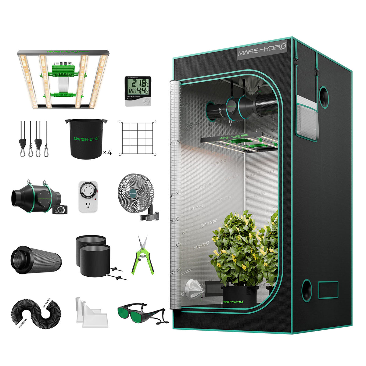 Mars Hydro FC-E3000 Komplettes Wachstumszelt-Kits LED-Wachstlicht + 100x100x180cm Innenzelt +4" Lüftungssystem