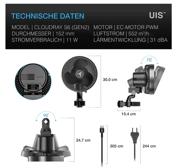 AC Infinity CLOUDRAY S6 GEN 2 Clip-Ventilator für Growzelte mit 10 Geschwindigkeiten, dynamischen Windmodi, IP44-Schutz und smarter WiFi-Steuerung – leistungsstark, leise und effizient für optimales Pflanzenwachstum.