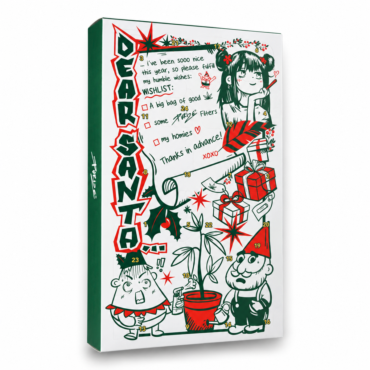 PURIZE Adventskalender 2026 mit 24 Türchen und 120 Aktivkohlefiltern – Vorderseite