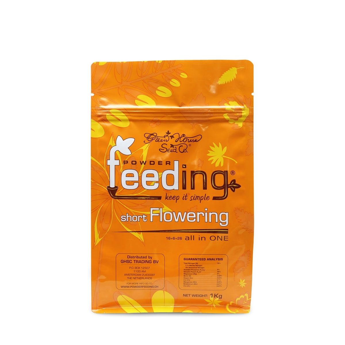Dünger SHORT Flowering Powder Feeding 1 Kilo von GREEN HOUSE – optimal für kurze Blütezyklen in Erde, Kokos oder Hydro