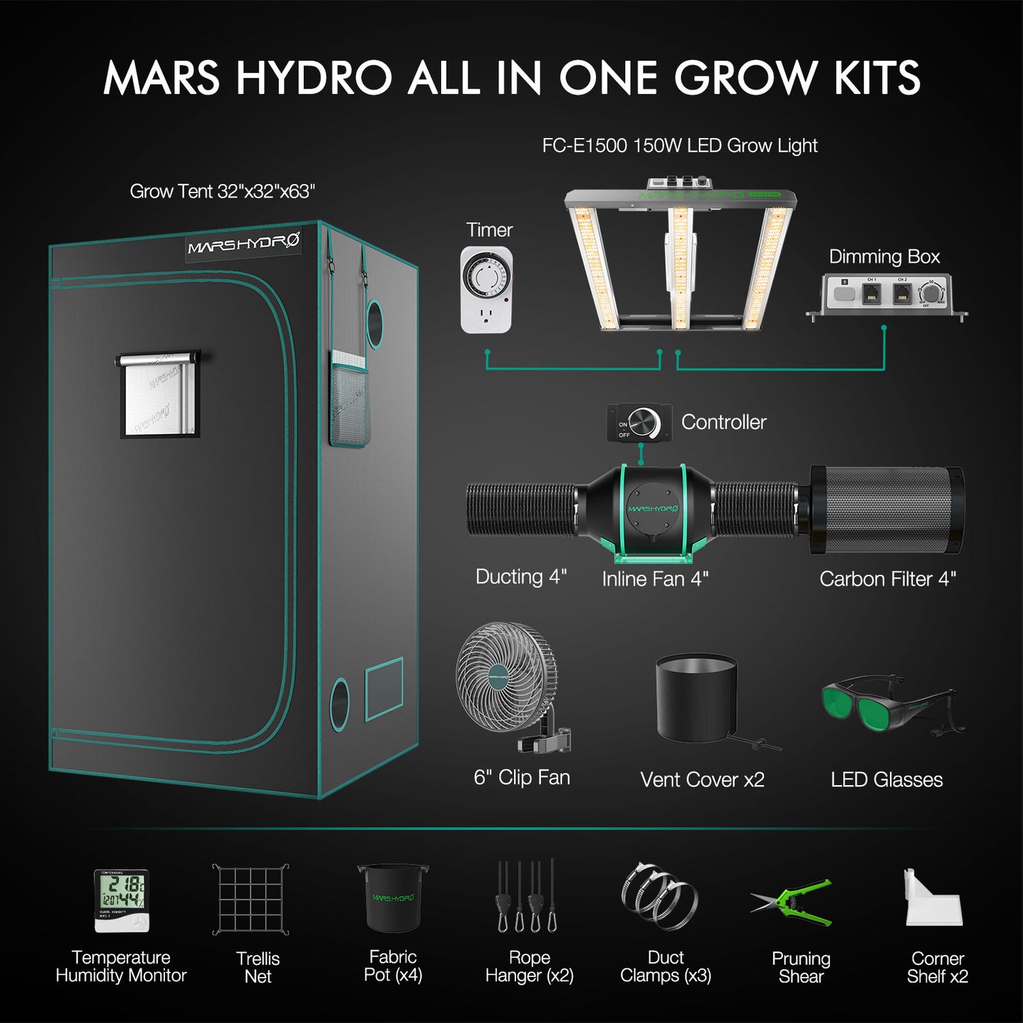 Mars Hydro FC-E1500 LED Grow Light+ 80x80x160cm Komplette Grow Tent Kits +4′′ Lüftungssystem – Produktansicht 2