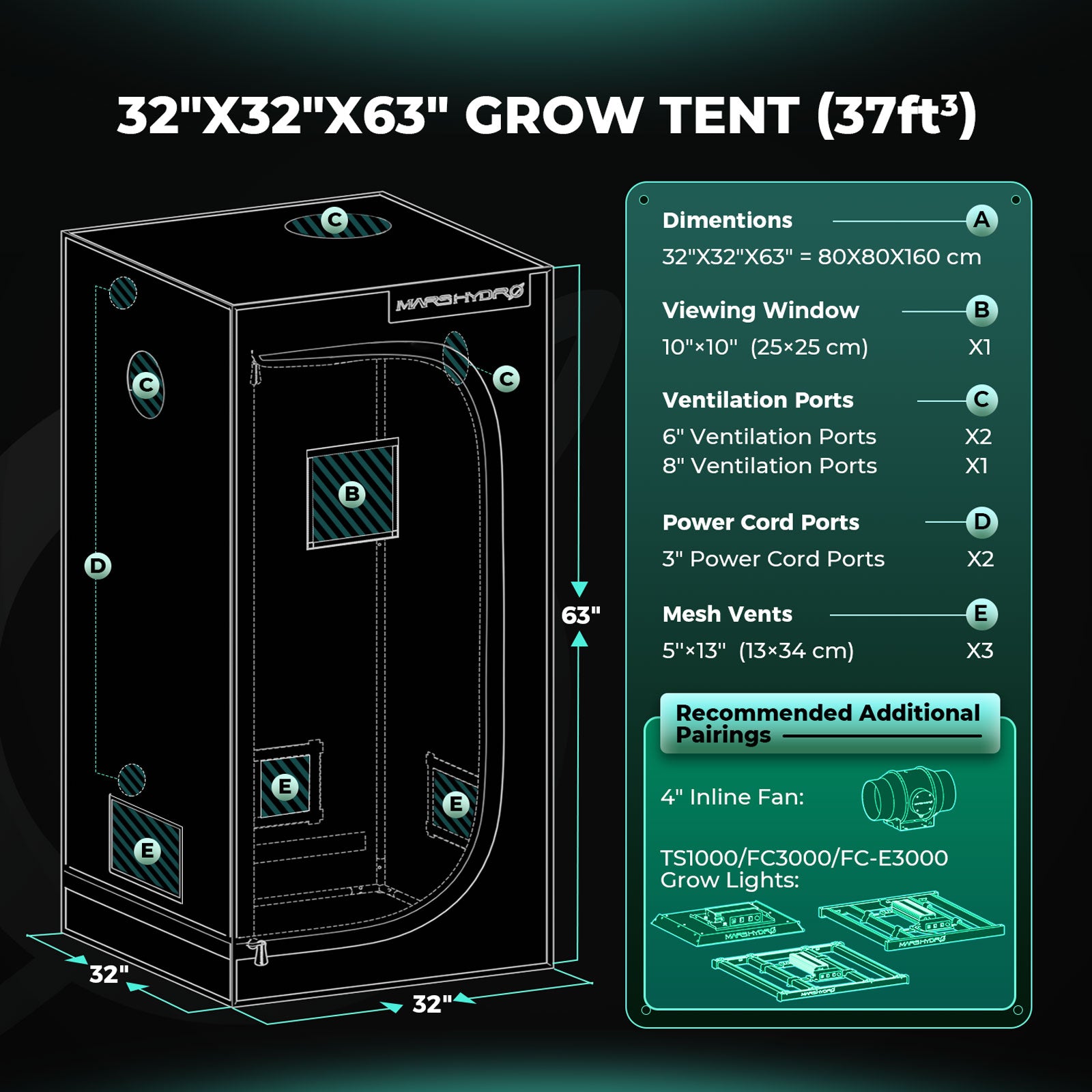Mars Hydro FC-E1500 LED Grow Light+ 80x80x160cm Komplette Grow Tent Kits +4′′ Lüftungssystem – Produktansicht 6