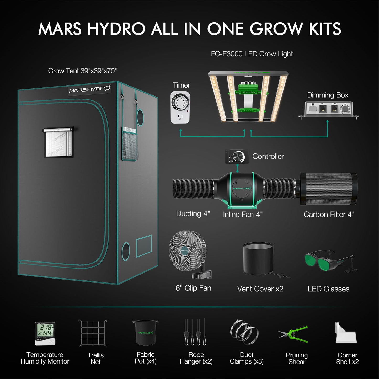 Mars Hydro FC-E3000 Komplettes Wachstumszelt-Kits LED-Wachstlicht + 100x100x180cm Innenzelt +4" Lüftungssystem – Produktansicht 2