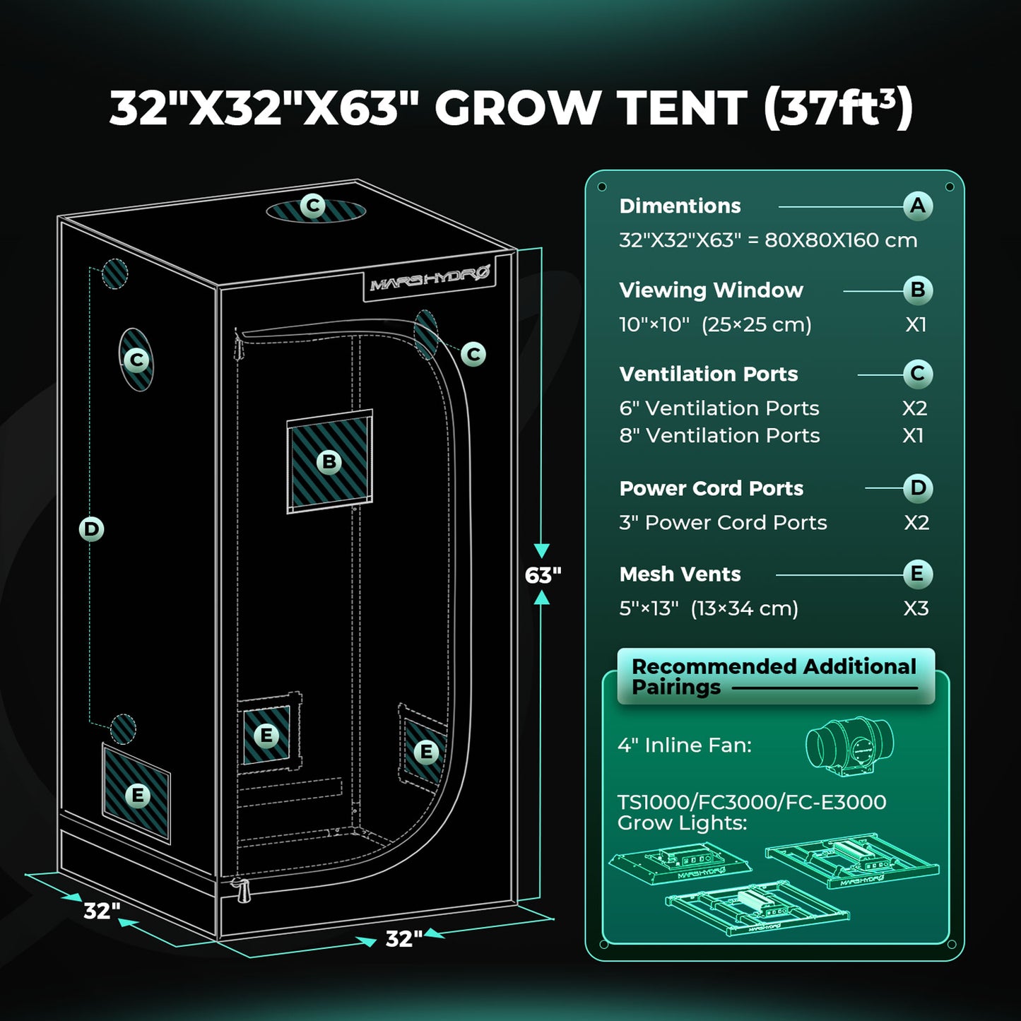 Mars Hydro FC 1500-EVO Komplette Grow Tent Kits Samsung LM301H LED Grow Light + 80x80x160cm Indoor Zelt + 4" System – Produktansicht 5
