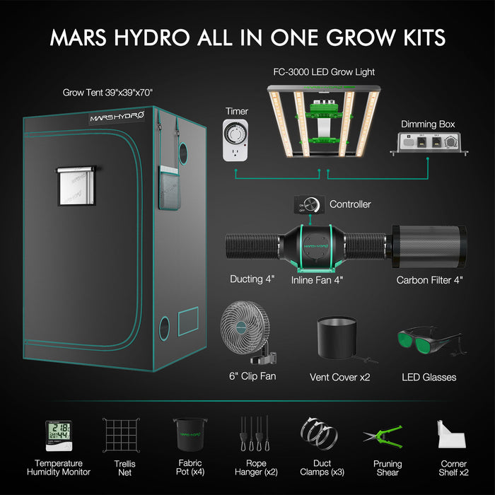 Mars Hydro FC 3000-EVO 300W Samsung LED+100x100x180cm Komplette Grow Zelt Kits+4′′ Lüftungssystem für 4-6 Pflanzen