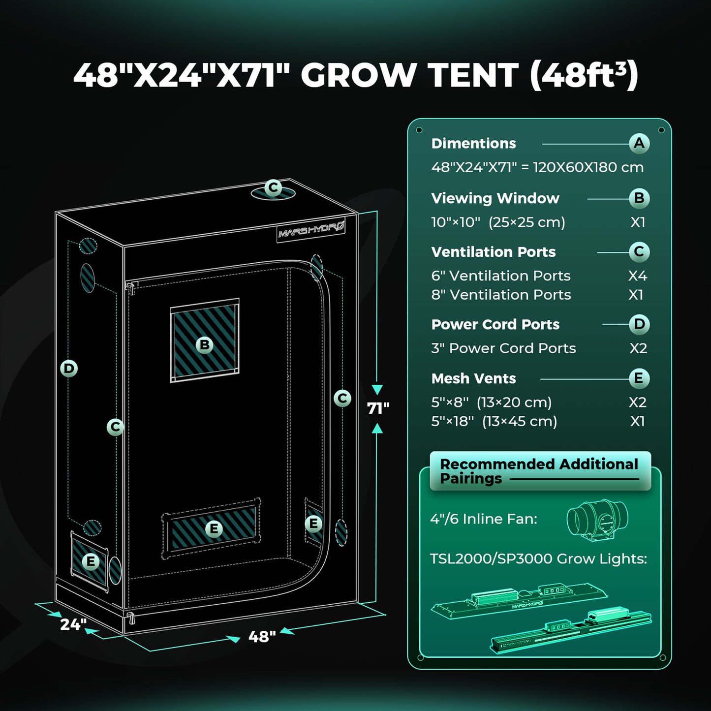 Mars Hydro FC4000 EVO LED Grow Light + 120x60x180cm Grow Tent Kits +4" Lüftungskits für 3 Pflanzen – Produktansicht 6