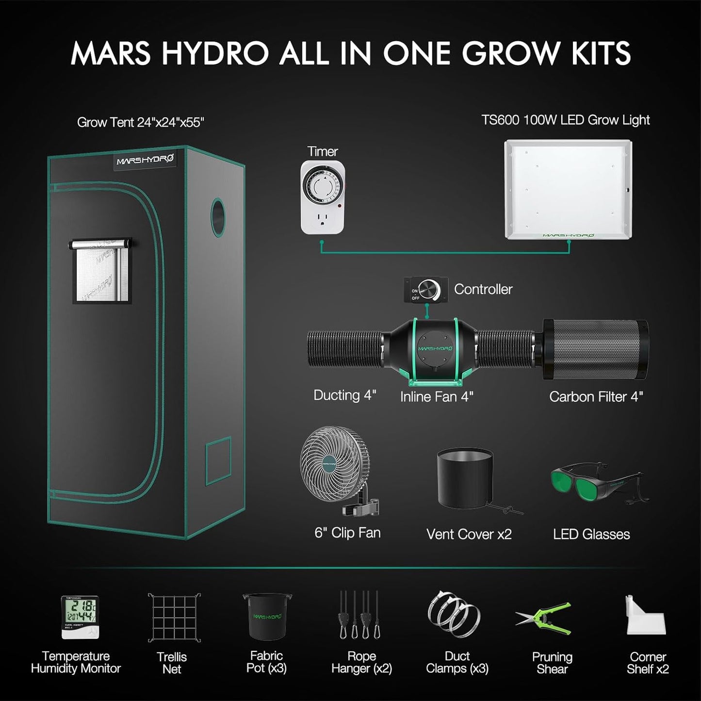 Mars Hydro TS 600 Komplette Grow Tent Kits LED Grow Light+60x60x140cm Indoor Zelt+4′′ Belüftungssystem für Anfänger – Produktansicht 3