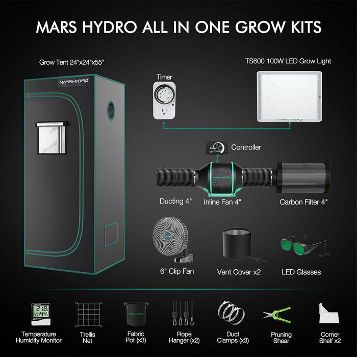 Mars Hydro TS 600 Komplette Grow Tent Kits LED Grow Light+60x60x140cm Indoor Zelt+4′′ Belüftungssystem für Anfänger