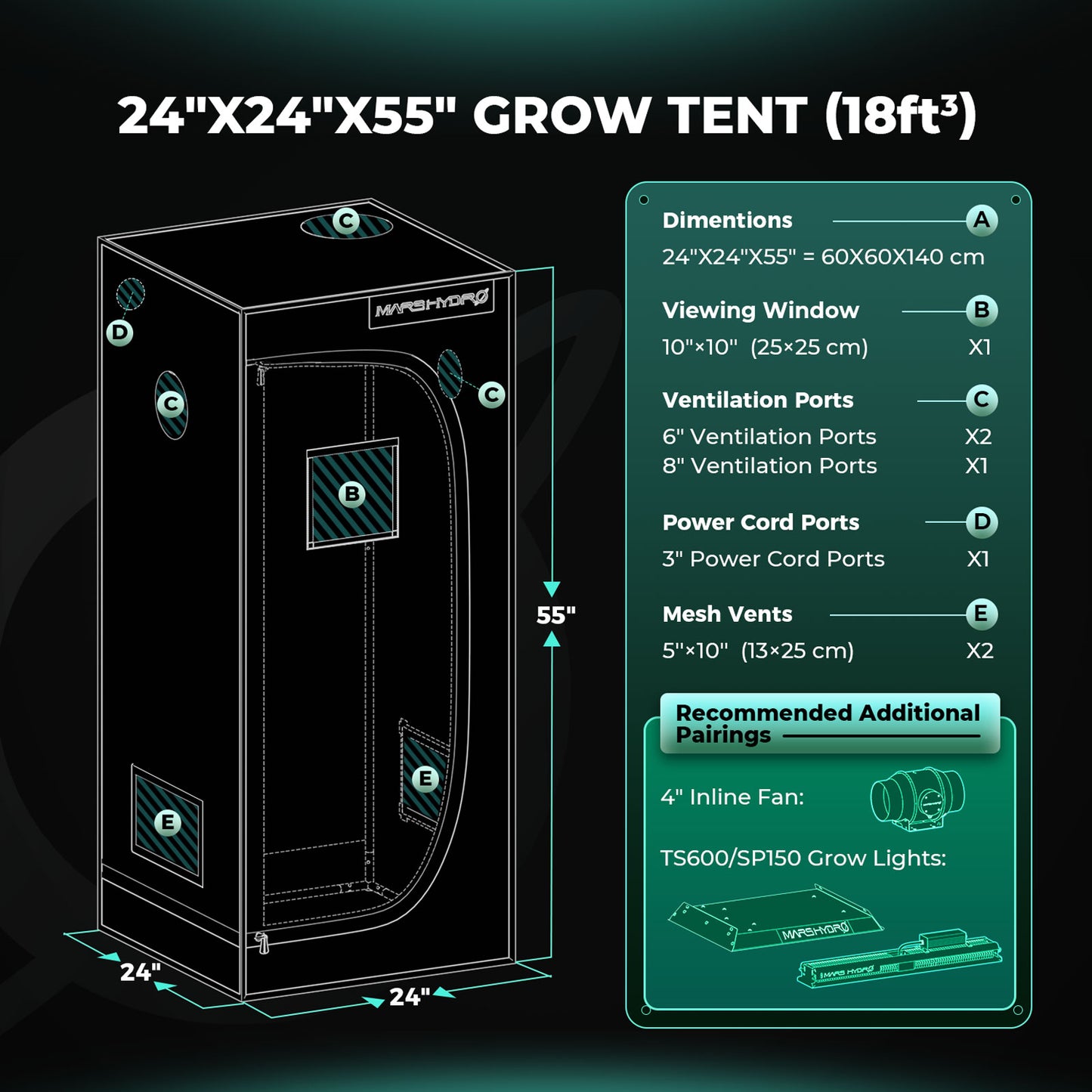 Mars Hydro TS 600 Komplette Grow Tent Kits LED Grow Light+60x60x140cm Indoor Zelt+4′′ Belüftungssystem für Anfänger – Produktansicht 8