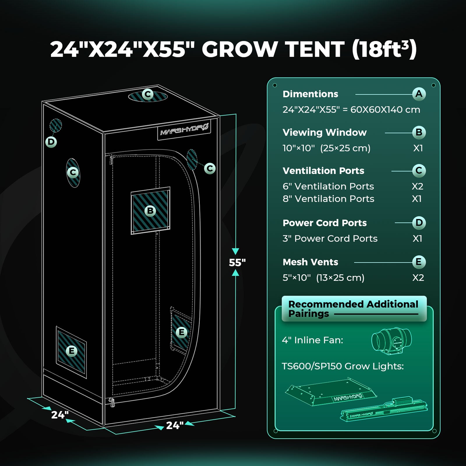 Mars Hydro TS 600 Komplette Grow Tent Kits LED Grow Light+60x60x140cm Indoor Zelt+4′′ Belüftungssystem für Anfänger – Produktansicht 8