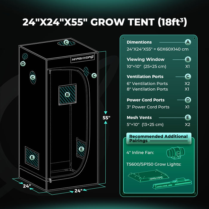 Mars Hydro TS 600 Komplette Grow Tent Kits LED Grow Light+60x60x140cm Indoor Zelt+4′′ Belüftungssystem für Anfänger