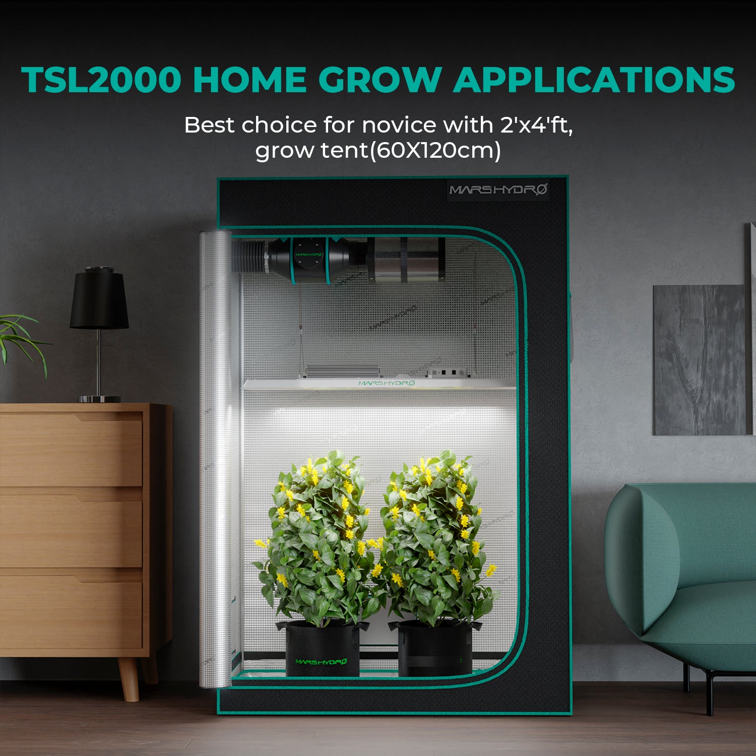 Mars Hydro TSL 2000 Komplettes Grow Tent Kits LED Grow Light+120x60x180cm Indoor Zelt+4′′ Belüftungssystem – Produktansicht 2