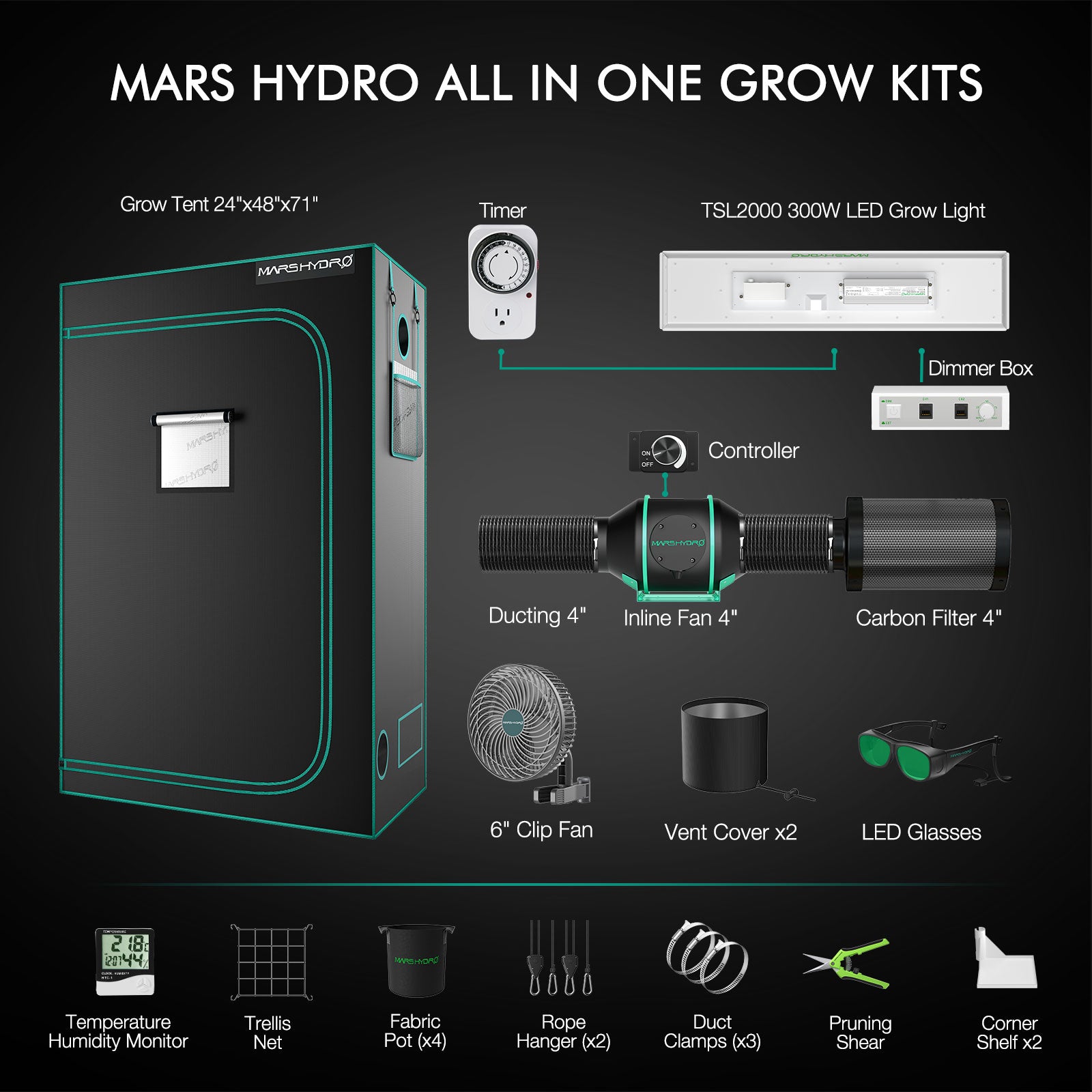 Mars Hydro TSL 2000 Komplettes Grow Tent Kits LED Grow Light+120x60x180cm Indoor Zelt+4′′ Belüftungssystem – Produktansicht 3