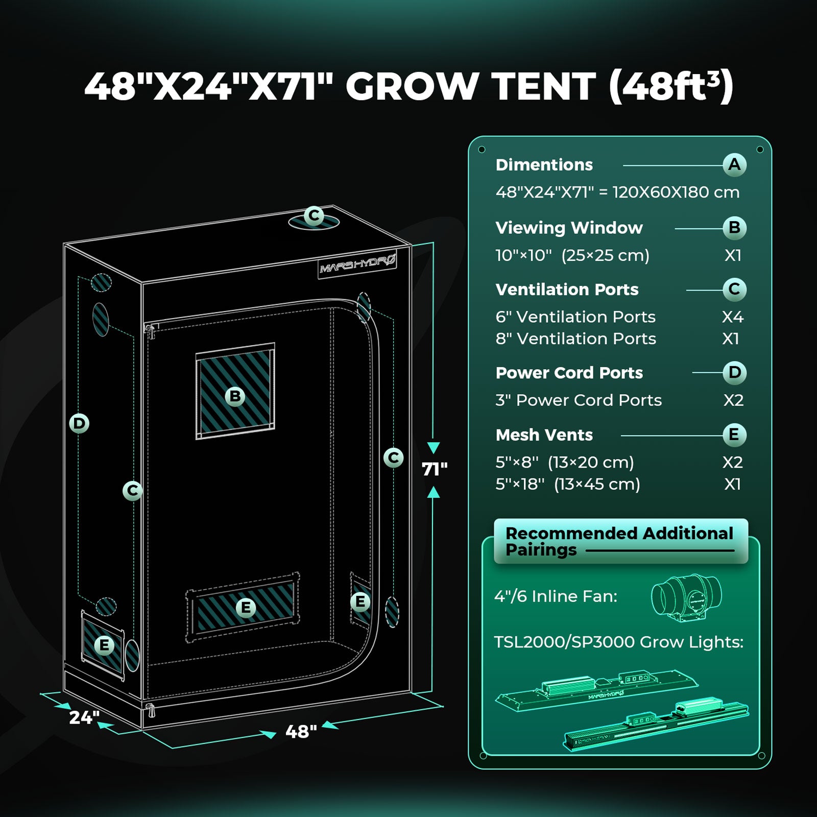 Mars Hydro TSL 2000 Komplettes Grow Tent Kits LED Grow Light+120x60x180cm Indoor Zelt+4′′ Belüftungssystem – Produktansicht 7