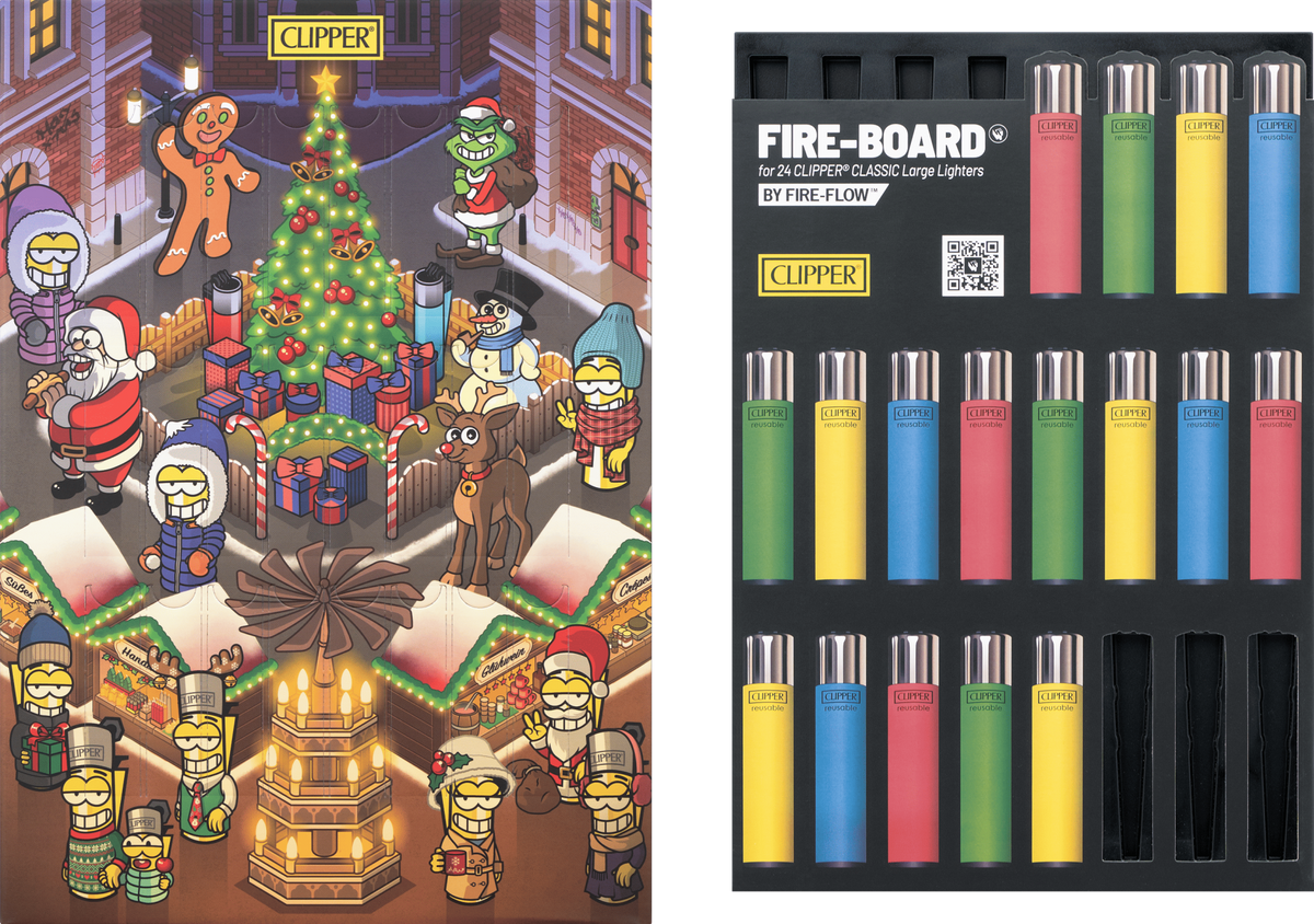 CLIPPER Adventskalender 2026 mit 24er FIRE-BOARD und Sammler-Feuerzeugen