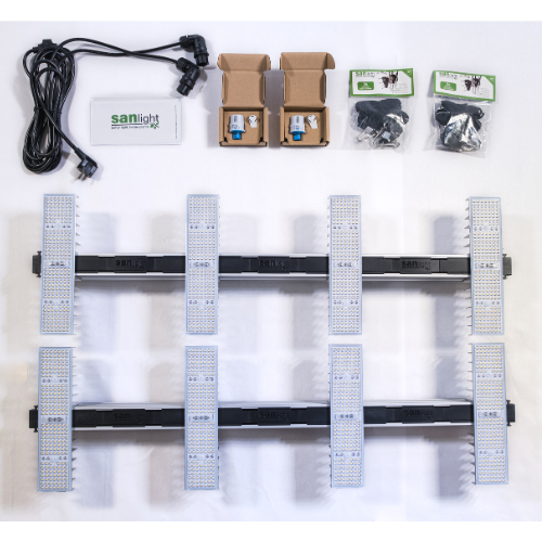 SANlight EVO 1.5 LED Beleuchtungsset bestehend aus 2 EVO 4-120 1.5 Lampen und Magnetdimmern, bietet effiziente Beleuchtung für große Anbauflächen.