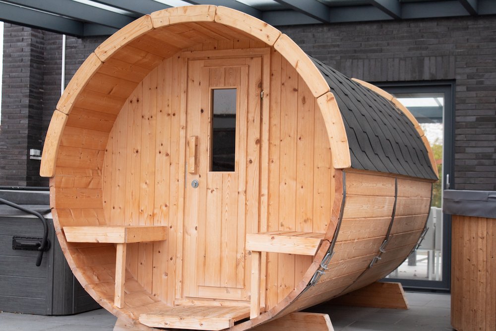 Tuindeco - Kiefernfasssauna Ø 215 - L 400 cm mit Thermoholzschindel