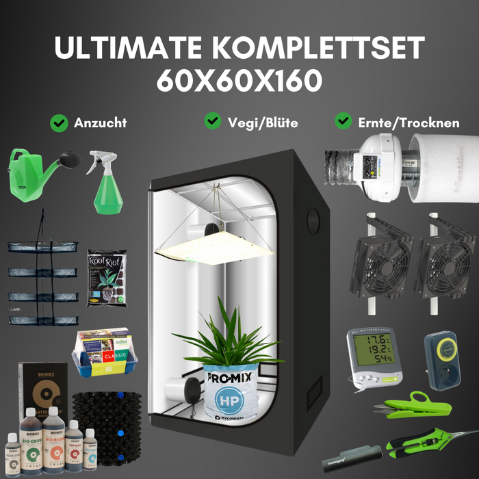 Ultimate Komplettset 60x60x160 – Komplettes Indoor-Grow-Set mit Growbox, LED-Beleuchtung, Belüftung, Dünger und Zubehör